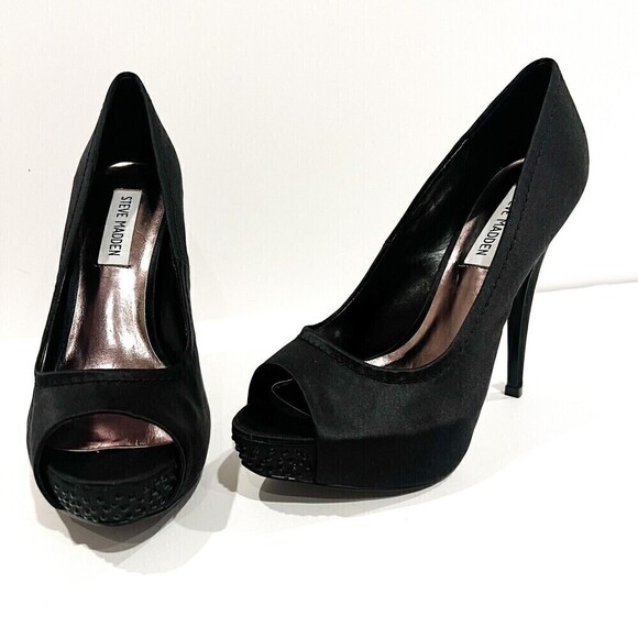 New Steve Madden Feelixx Black Satin Peep Toe Heel size 8 - Picture 3 of 10